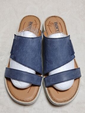 Born Navy Leather Slide Sandals for Women Size 8